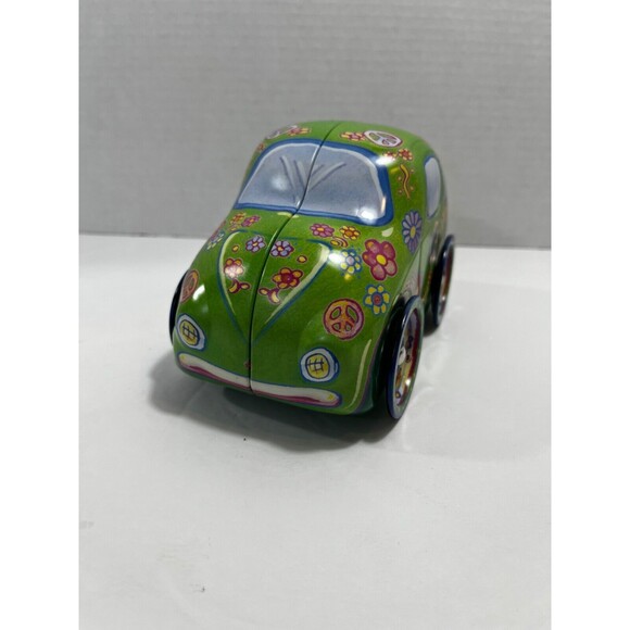 Volkswagen Bug Shape Tin 6" Green With Flowers, Pease Sign Colorful Beetle Car - Picture 2 of 7